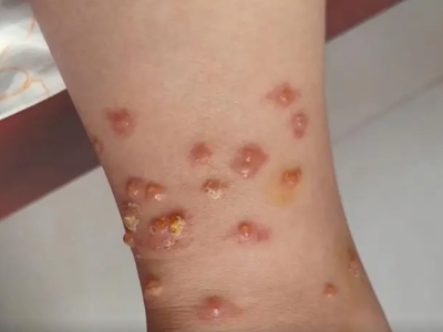 蠓蟲叮咬小腿上有水皰破了結黃痂圖